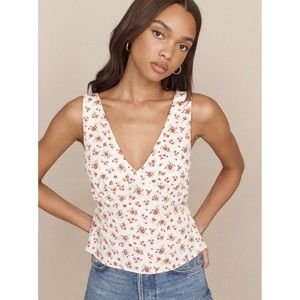 Reformation Vireo Top Colette Floral Ivory Red V-Neck Fitted Size L Large NWT